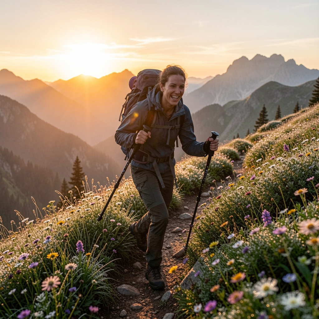 Energetic person hiking mountain trail at sunrise with backpack, representing vitality and active living