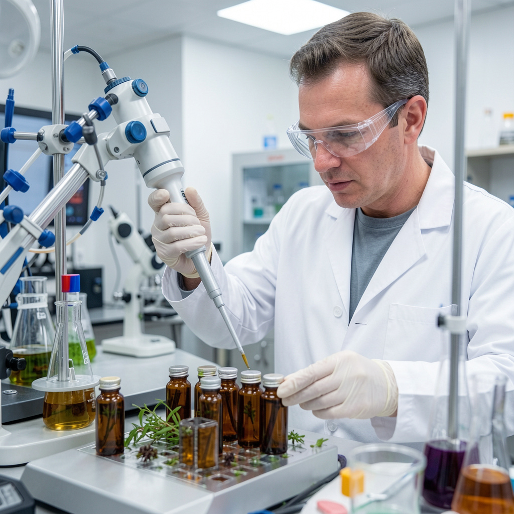 Scientist examining botanical extract samples in modern laboratory with testing equipment