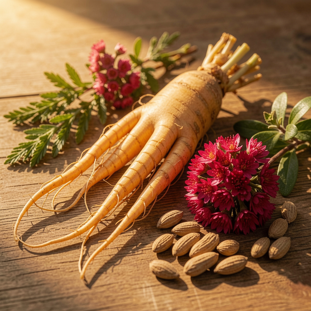 Fresh ginseng root, rhodiola flowers, and ashwagandha herbs arranged on wooden surface